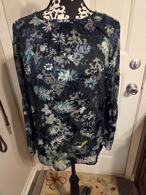 LOFT Navy Floral Long-Sleeve Sheer Top